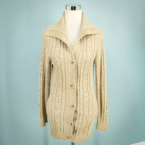 L.L. Bean Size Small S Tan Cable Knit Fisherman Button Cotton Cardigan Sweater
